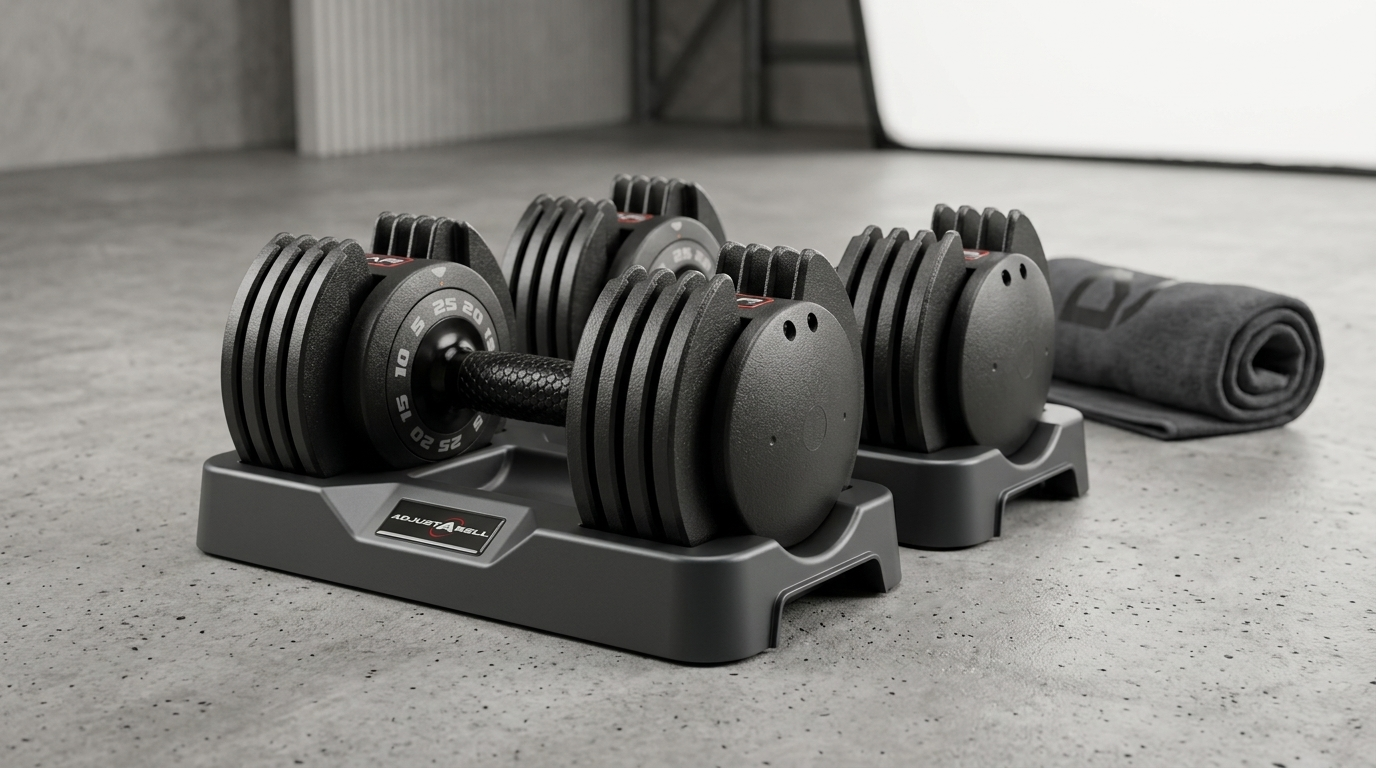 Heavy-duty CAP ADJUSTABELL adjustable dumbbells in their black cradles on a modern concrete floor next to a rolled grey exercise mat, aesthetic home fitness space.