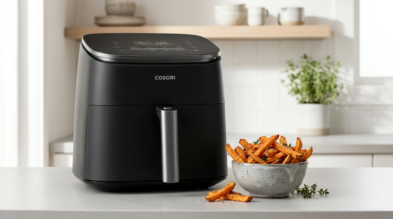 Matte black Cosori TurboBlaze air fryer on a clean white quartz kitchen countertop next to a small ceramic bowl of organic roasted snacks, cozy interior ambient lighting