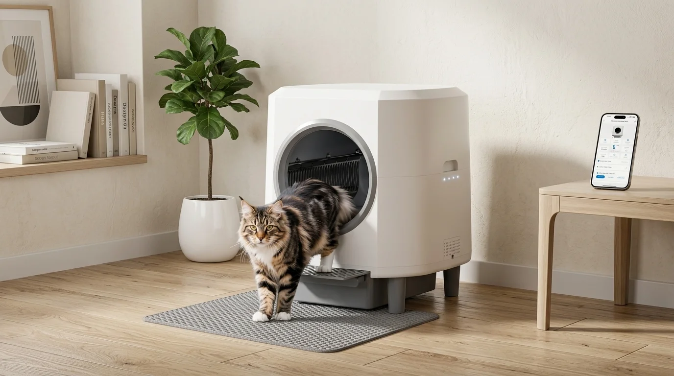 Large white Ellenpent automatic self-cleaning litter box with an open entry door on a light wood floor, modern minimal pet furniture style.
