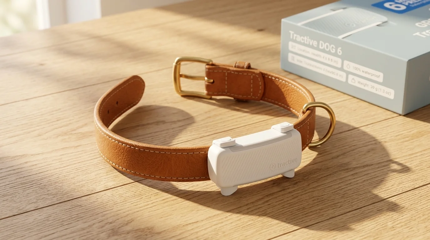 Sleek minimalist white Tractive GPS pet tracker attached to a premium tan leather dog collar, resting on a clean wooden table surface.