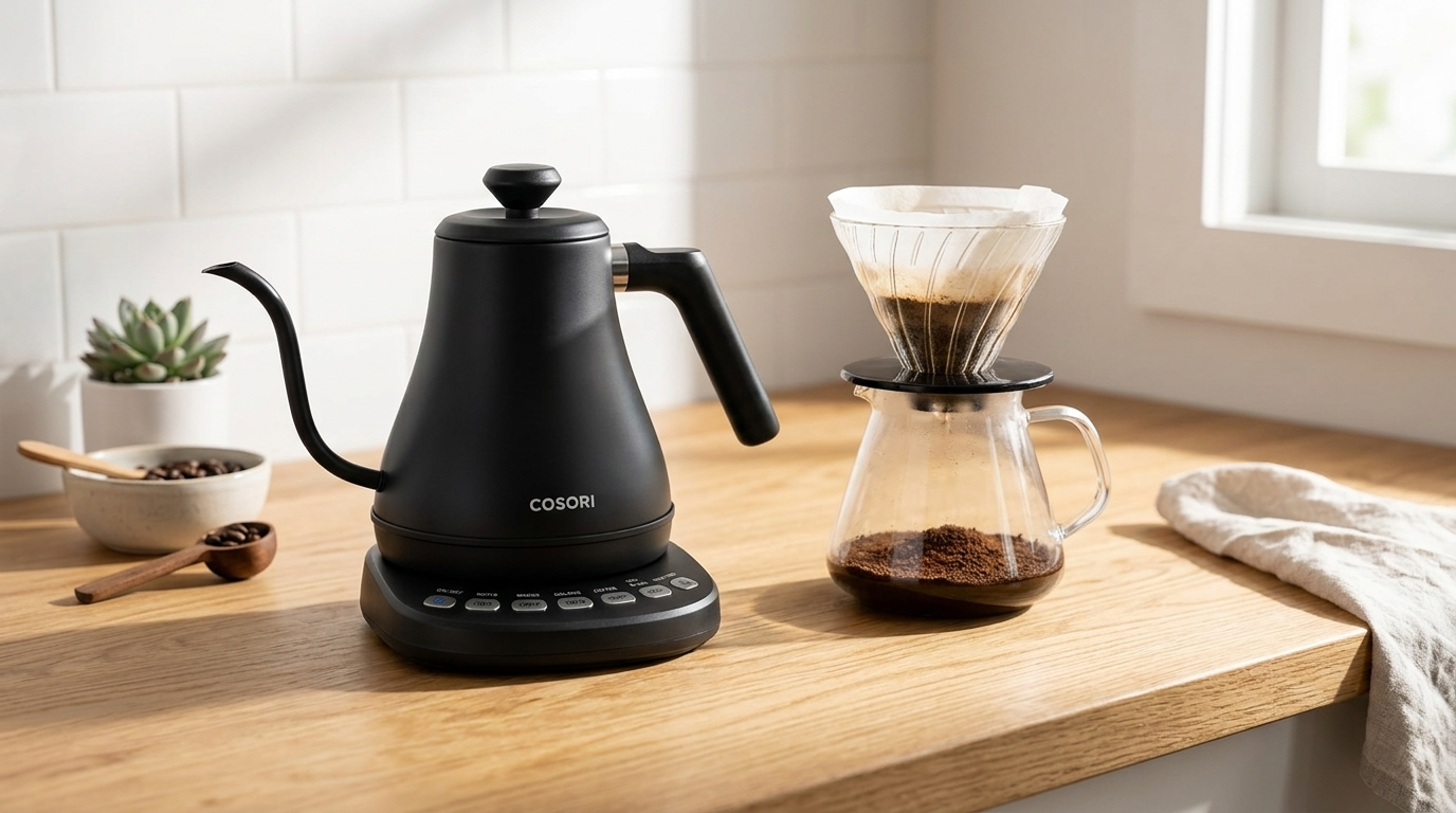 Matte black Cosori electric gooseneck kettle on a minimalist wooden kitchen counter next to a glass coffee server, clean aesthetic styling