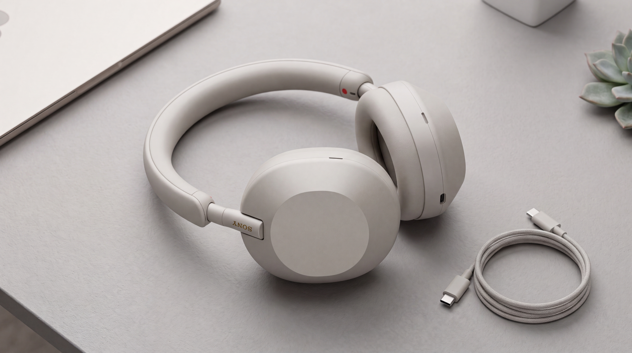 Sony WH-1000XM5 premium wireless noise canceling headphones on a minimalist desk setup