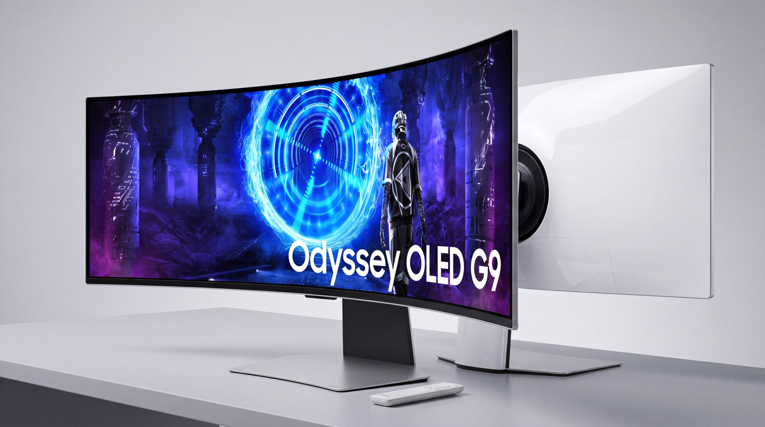 Samsung 49-inch Odyssey OLED G9 Super Ultrawide curved monitor on a premium minimalist desk
