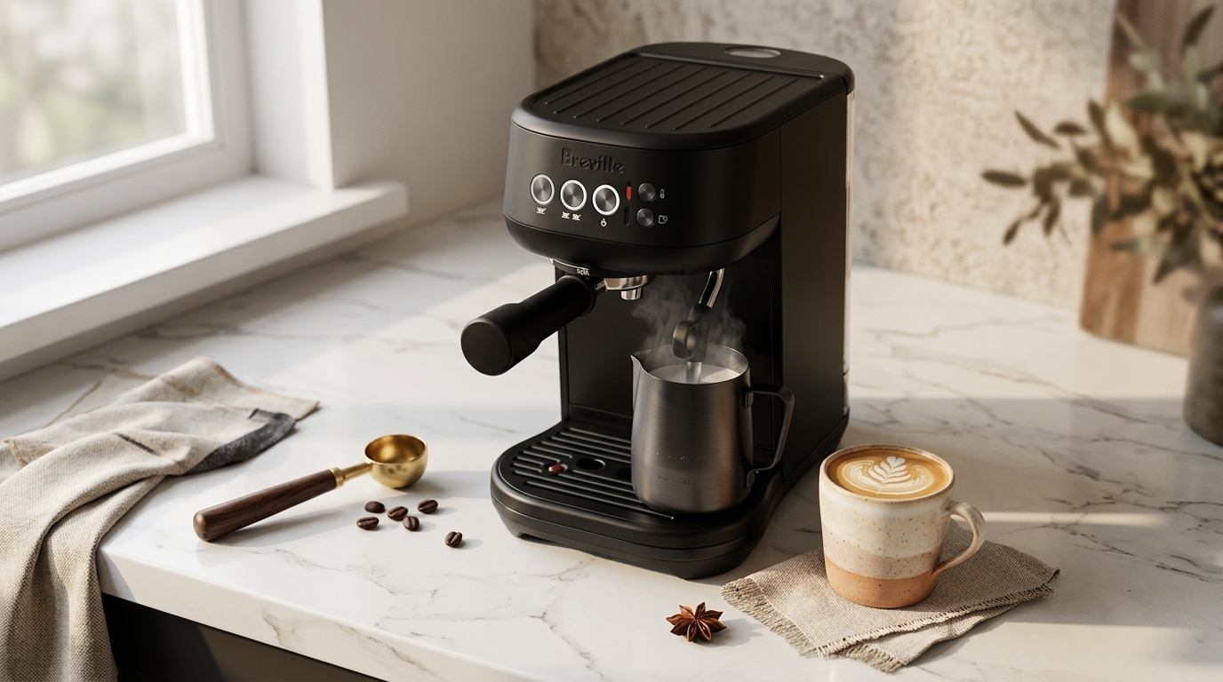 Matte black Breville Bambino Plus espresso machine on a modern white marble kitchen countertop next to a ceramic coffee mug, aesthetic kitchen styling