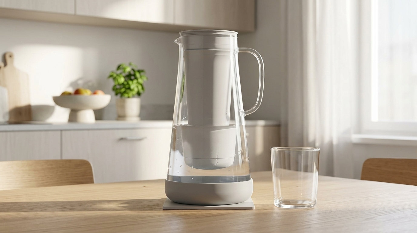 Elegant glass LifeStraw Home water filter pitcher on a bright wooden kitchen table next to a clean drinking glass, soft scandinavian interior design.