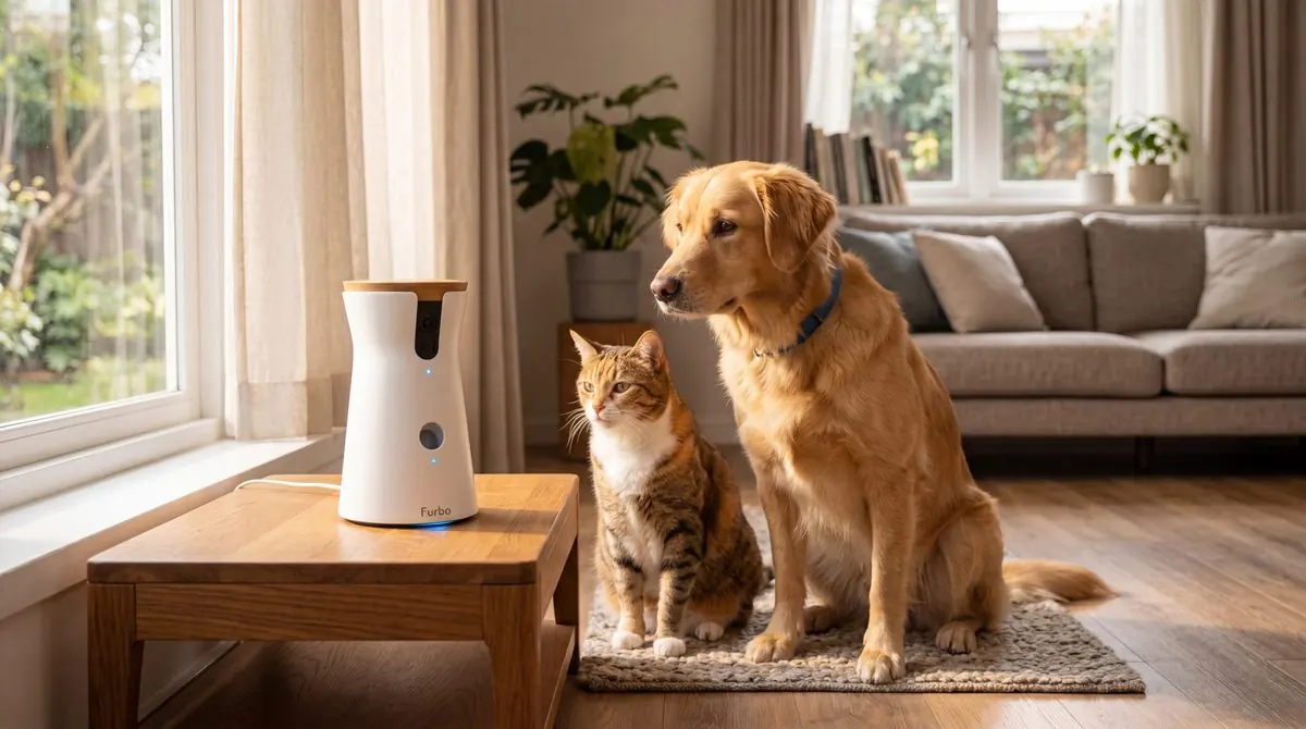 Sleek white Furbo 360 dog camera with a premium wooden top lid resting on a modern living room side table, high-end pet lifestyle photography.