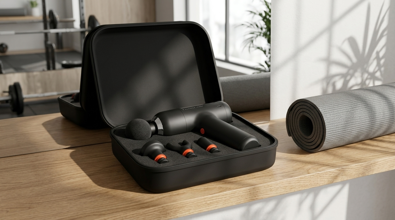 Matte black Sharper Image PowerBoost Circuit massage gun in its open sleek travel case on a concrete gym bench, minimalist wellness aesthetic.