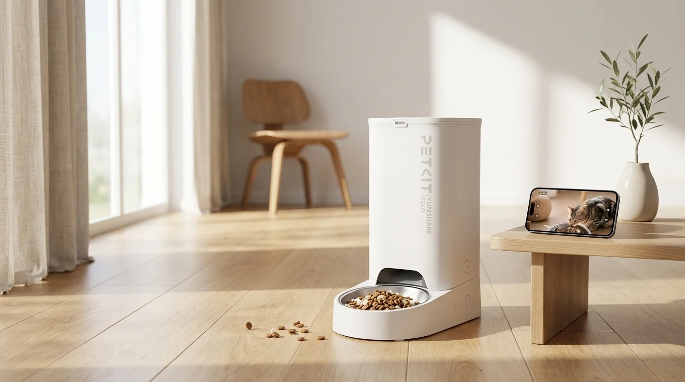 Minimalist white PETKIT automatic pet feeder with a stainless steel bowl on a light wooden floor, elegant pet-friendly home interior.