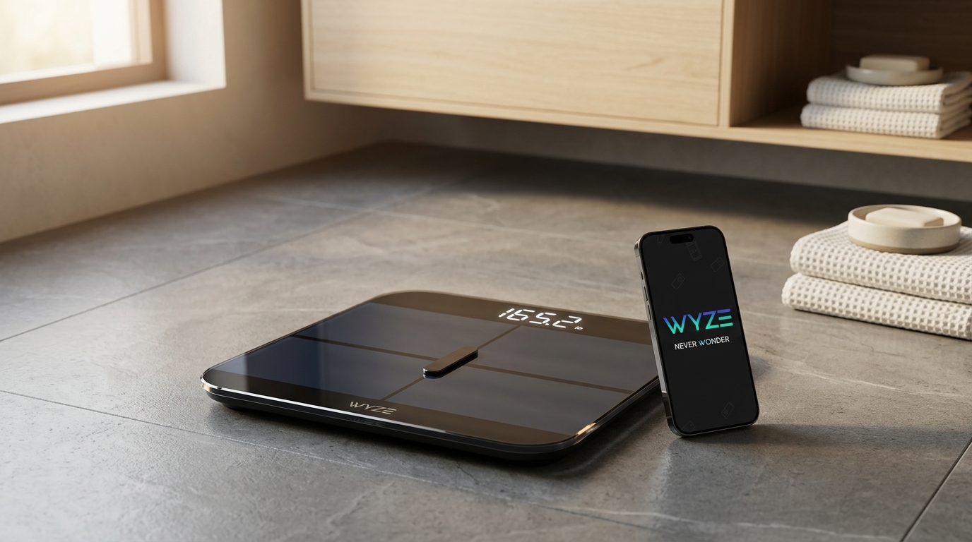 Premium black Wyze Smart Scale X with a glowing digital display on a minimalist bathroom floor tile layout, modern health tech aesthetic.
