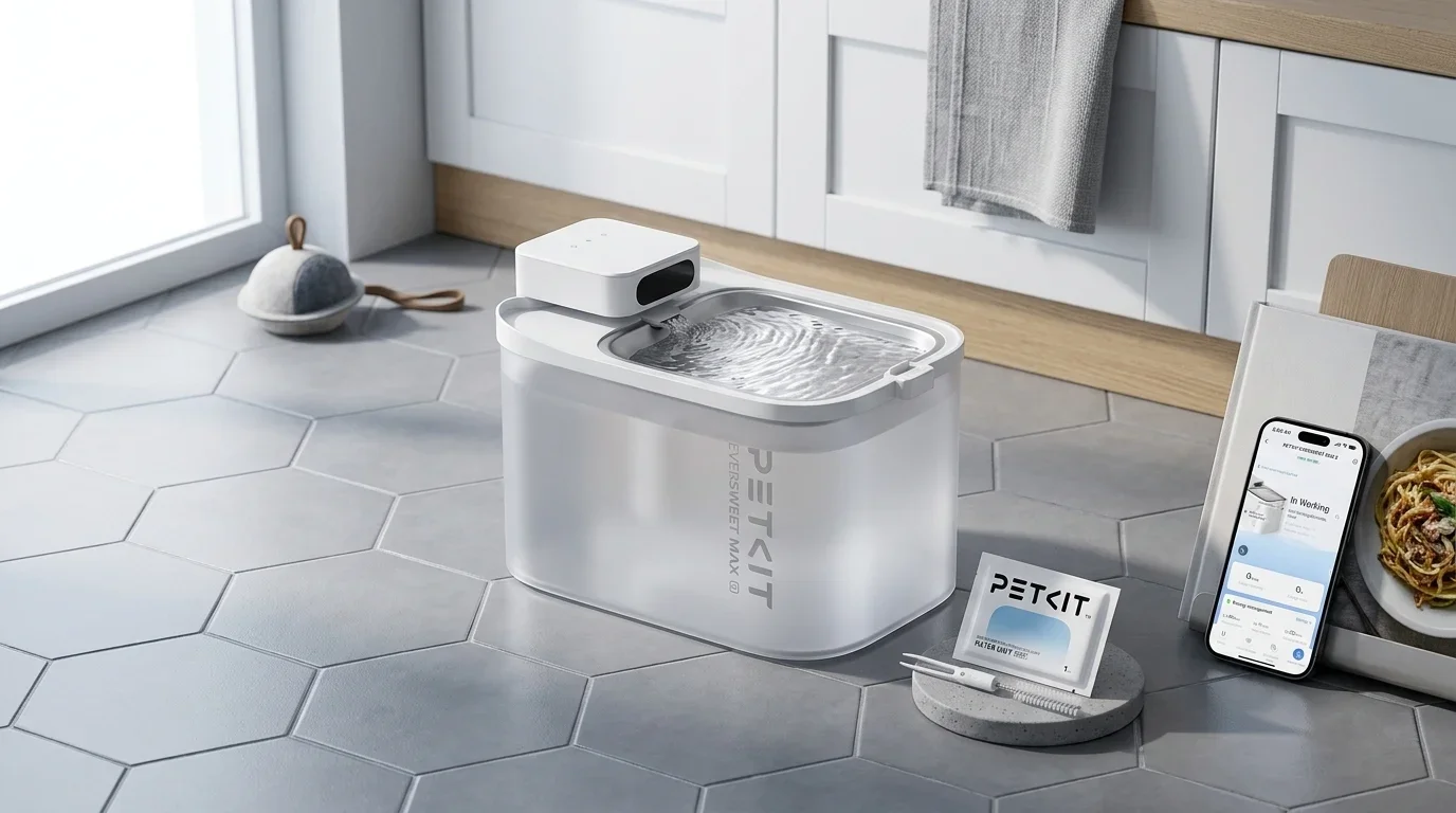Minimalist translucent PETKIT pet water fountain with a gentle water stream on a modern kitchen tile floor, clean pet lifestyle photography.
