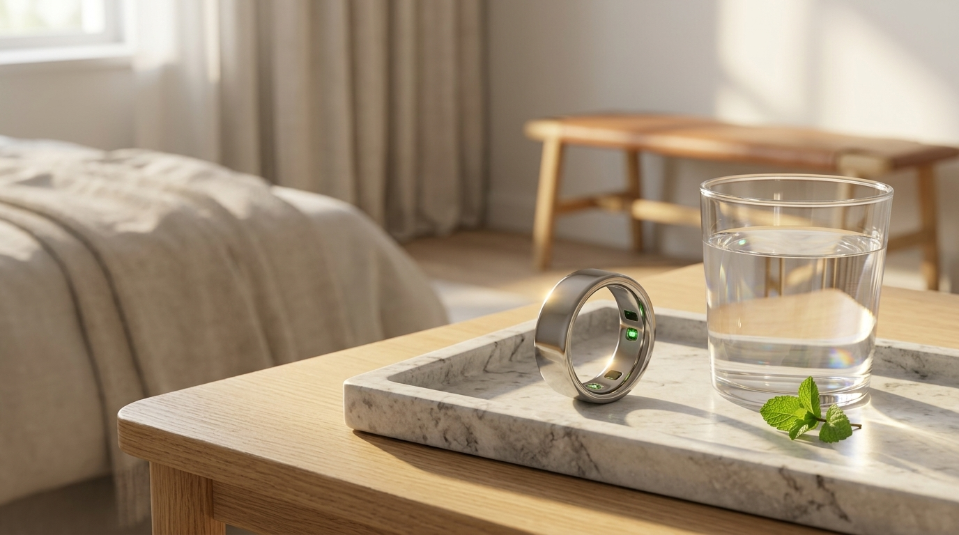 Premium silver Oura Ring 4 smart ring resting on a clean white quartz tray next to a glass of water, minimalist health and wellness concept.