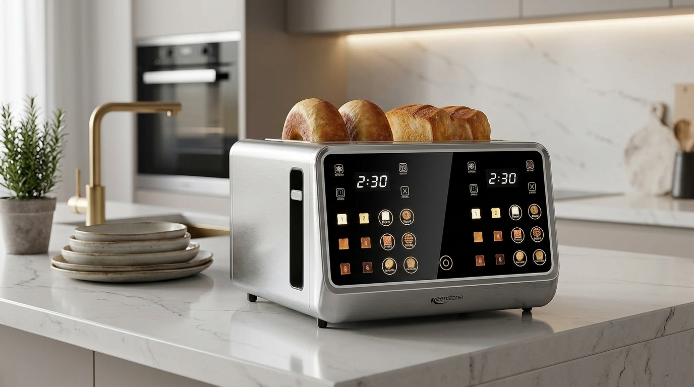 Stainless steel Keenstone 4-slice digital smart toaster with glowing touchscreen display on a dark granite kitchen island, futuristic kitchen tech styling