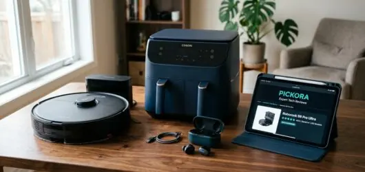 Tech products on wood table