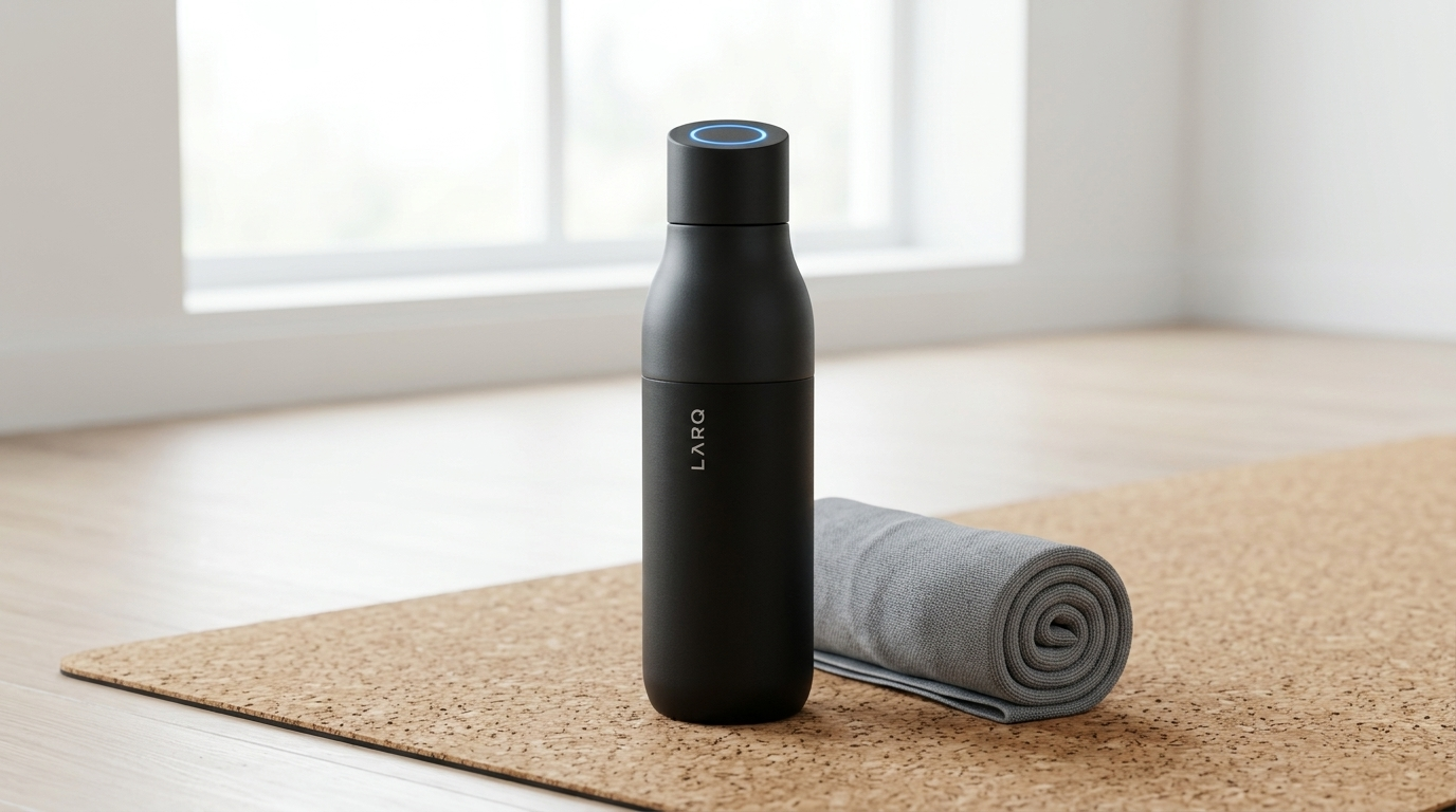 Matte white LARQ Bottle PureVis self-cleaning water bottle resting on a cork yoga mat, minimalist fitness and hydration aesthetic.