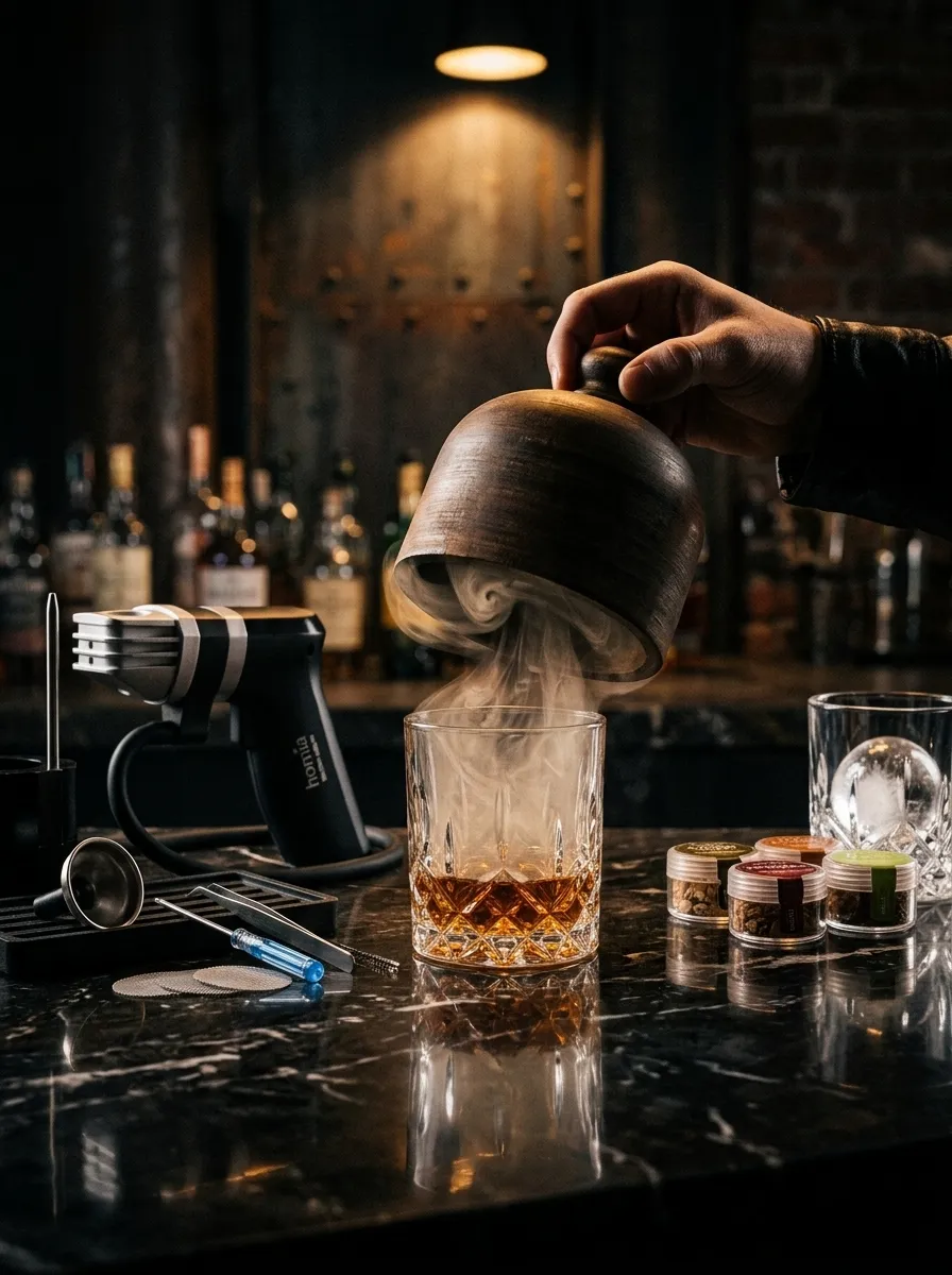 Moody home bar scene with a cocktail smoker kit, crystal decanter, and matte black ice tools on dark marble under cinematic lighting.