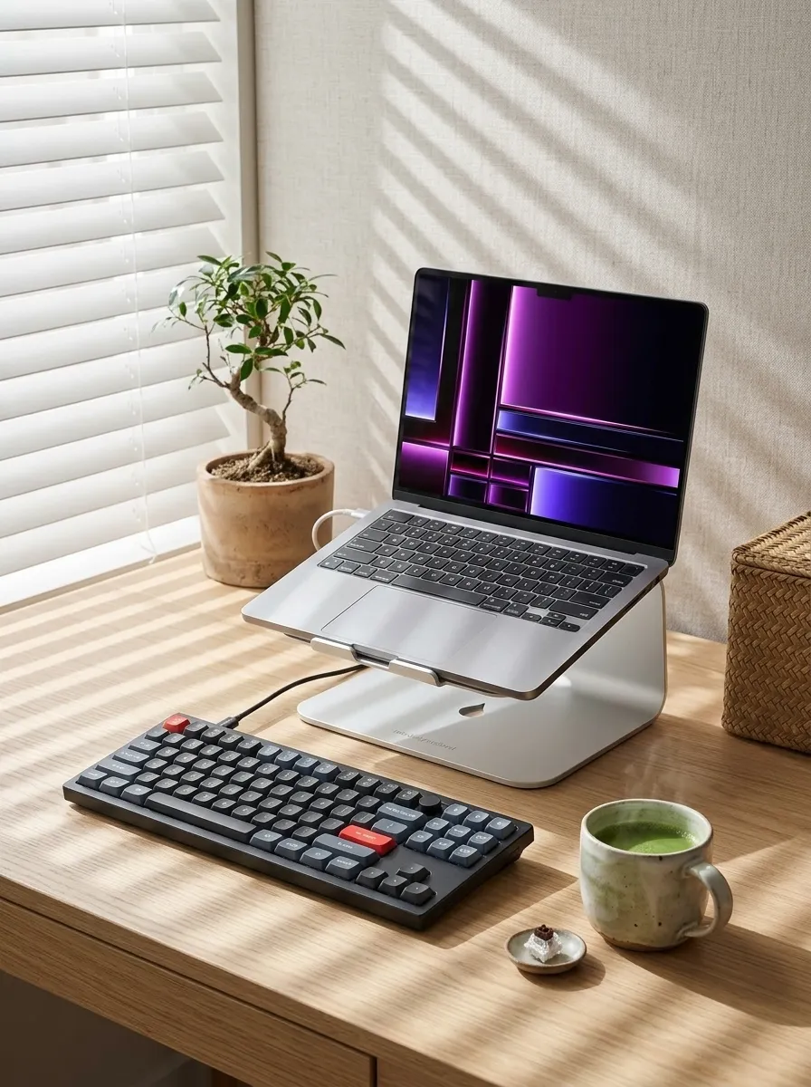 Minimalist Japandi home office setup featuring an Apple MacBook Pro on an aluminum Rain Design mStand laptop stand, light oak desk with soft morning window shadows, and a Keychron mechanical keyboard