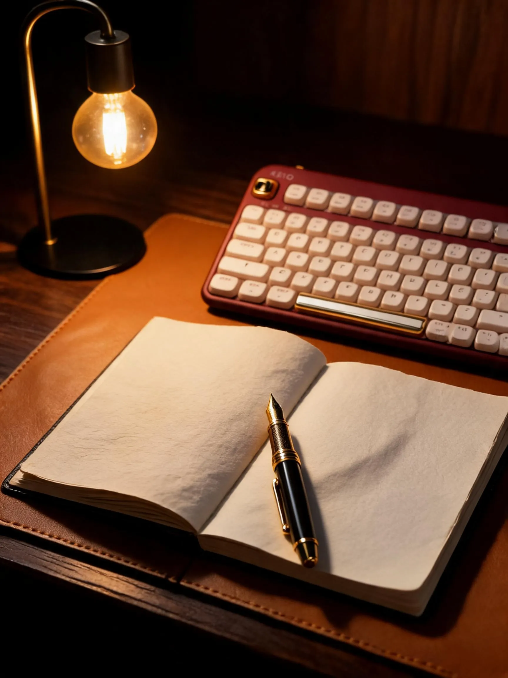 Cozy dark academia study setup featuring an Azio Retro Classic mechanical keyboard with wood accents on a cognac leather Harber London desk mat, illuminated by a warm brass Edison bulb lamp.