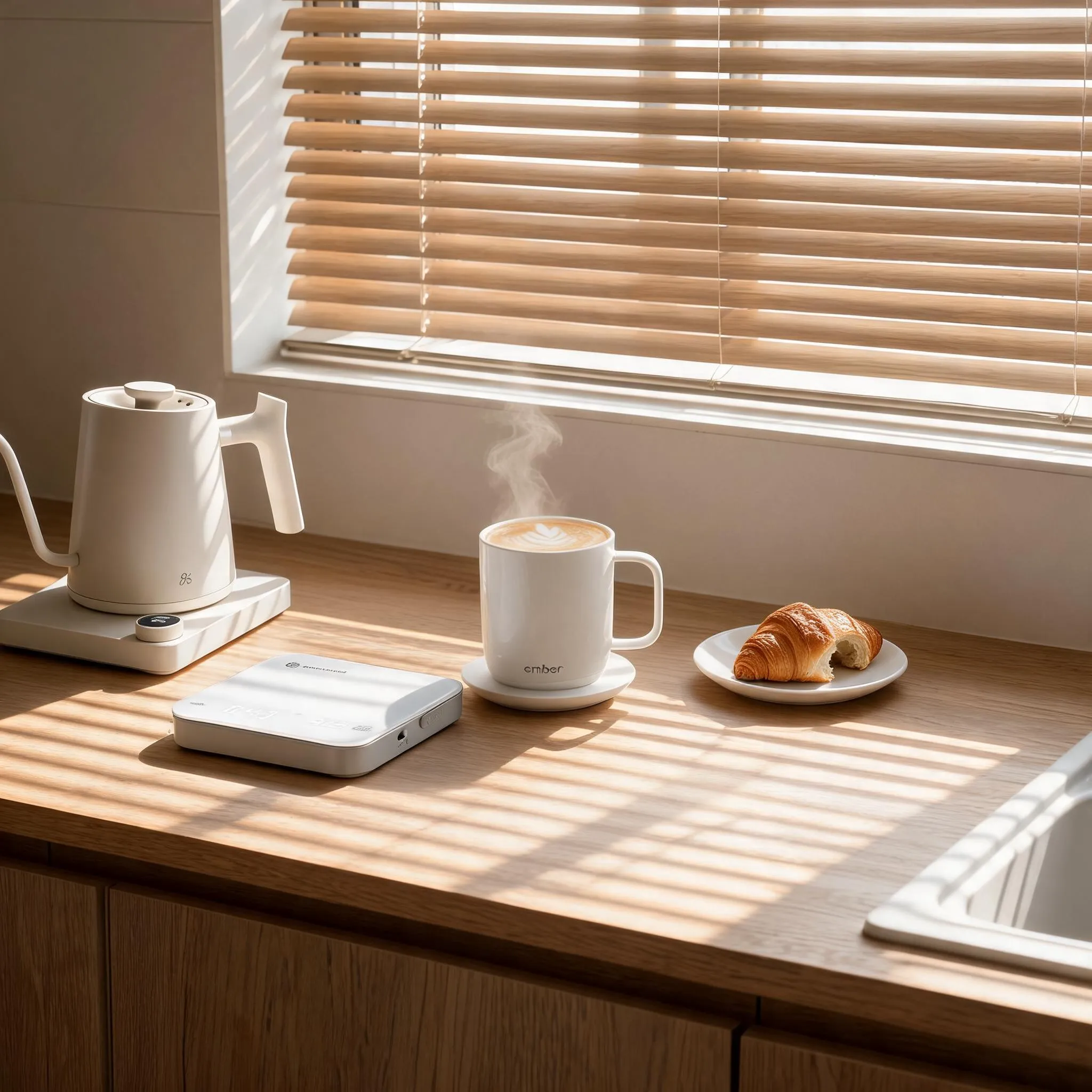 Minimalist coffee setup featuring a Fellow Stagg white electric kettle and Ember smart mug on a light wood counter with morning window shadows.