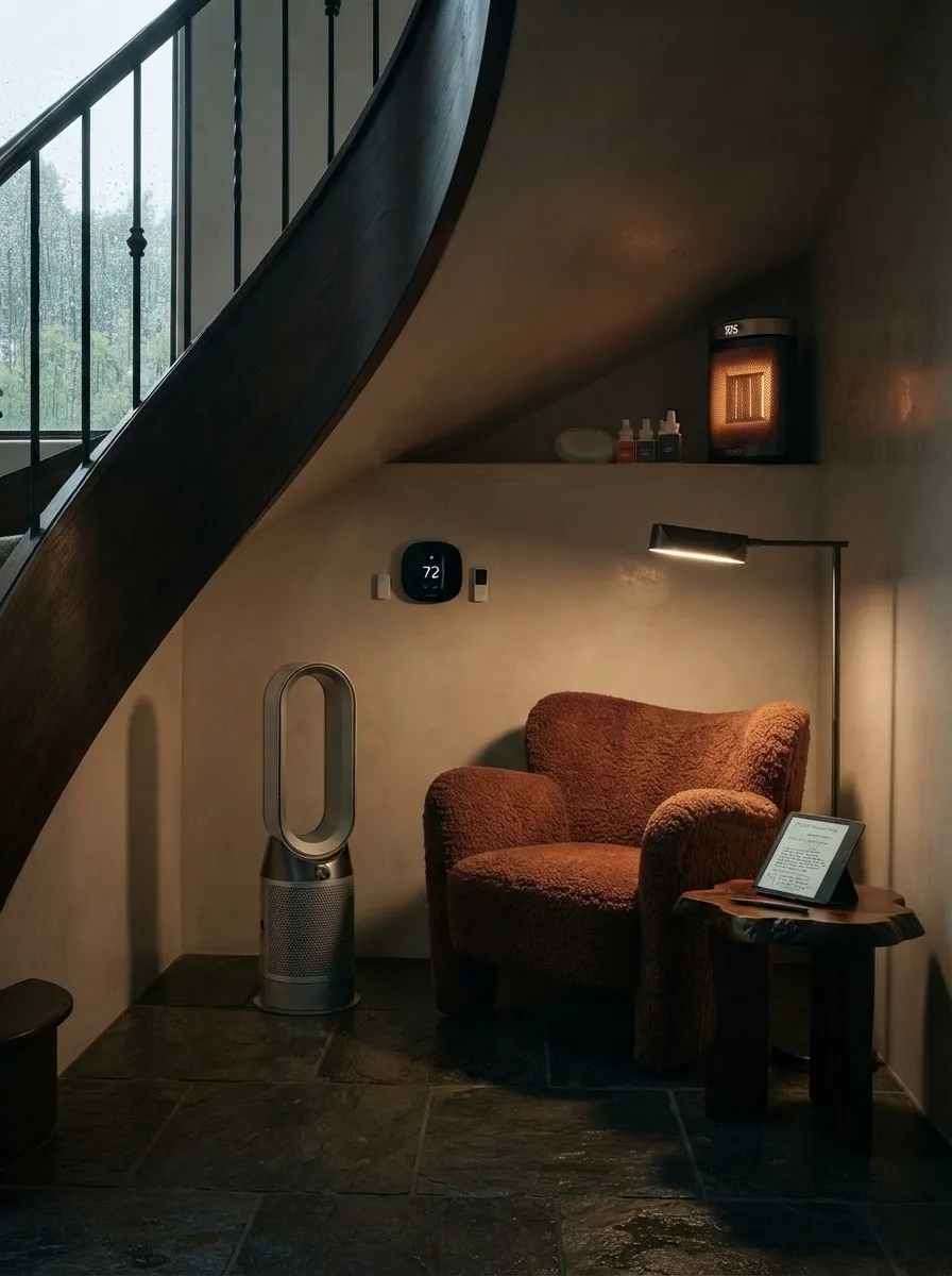 Sleek Dyson Hot+Cool purifier standing on slate flagstone flooring beside a rust-colored mohair armchair, enclosed in curved bone-colored plaster walls during a moody, rainy afternoon..