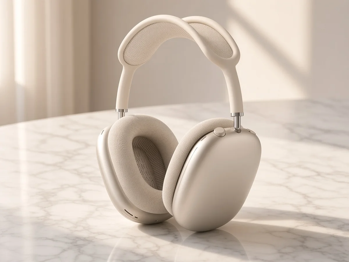 Apple AirPods Max style headphones on a white marble desk