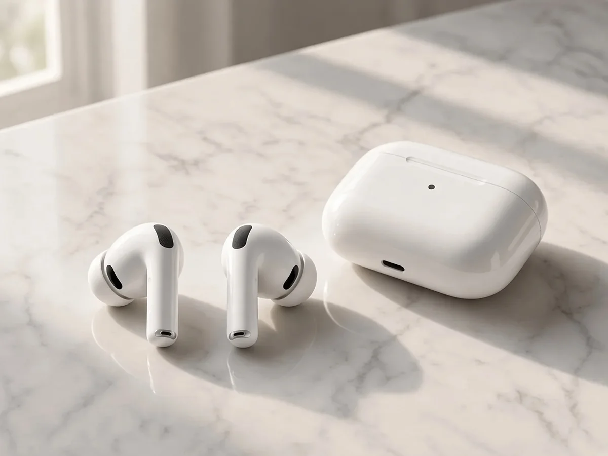 Apple AirPods Pro style earbuds and case on a light oak desk