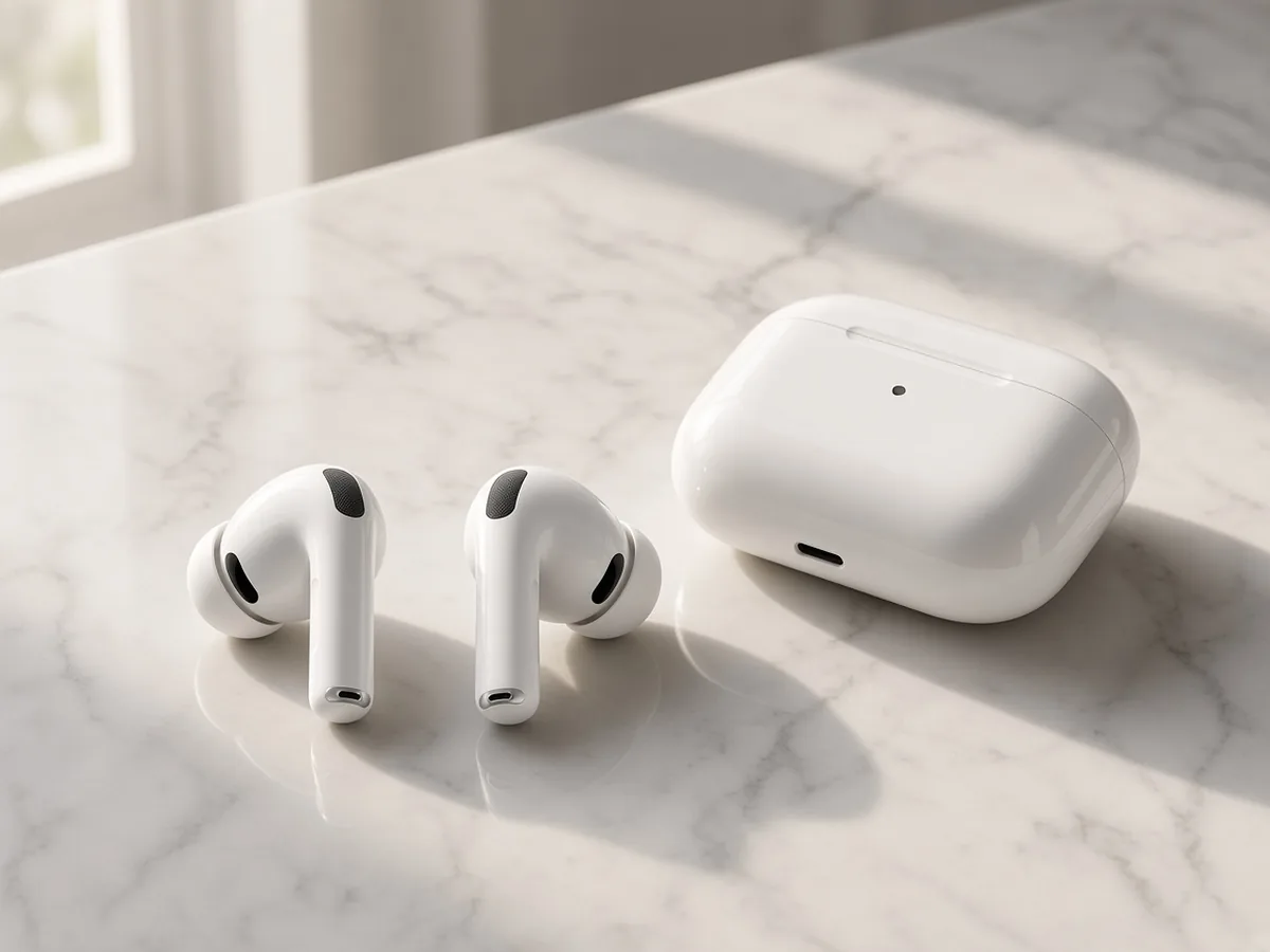 Apple AirPods Pro style white stem earbuds on a light marble desk