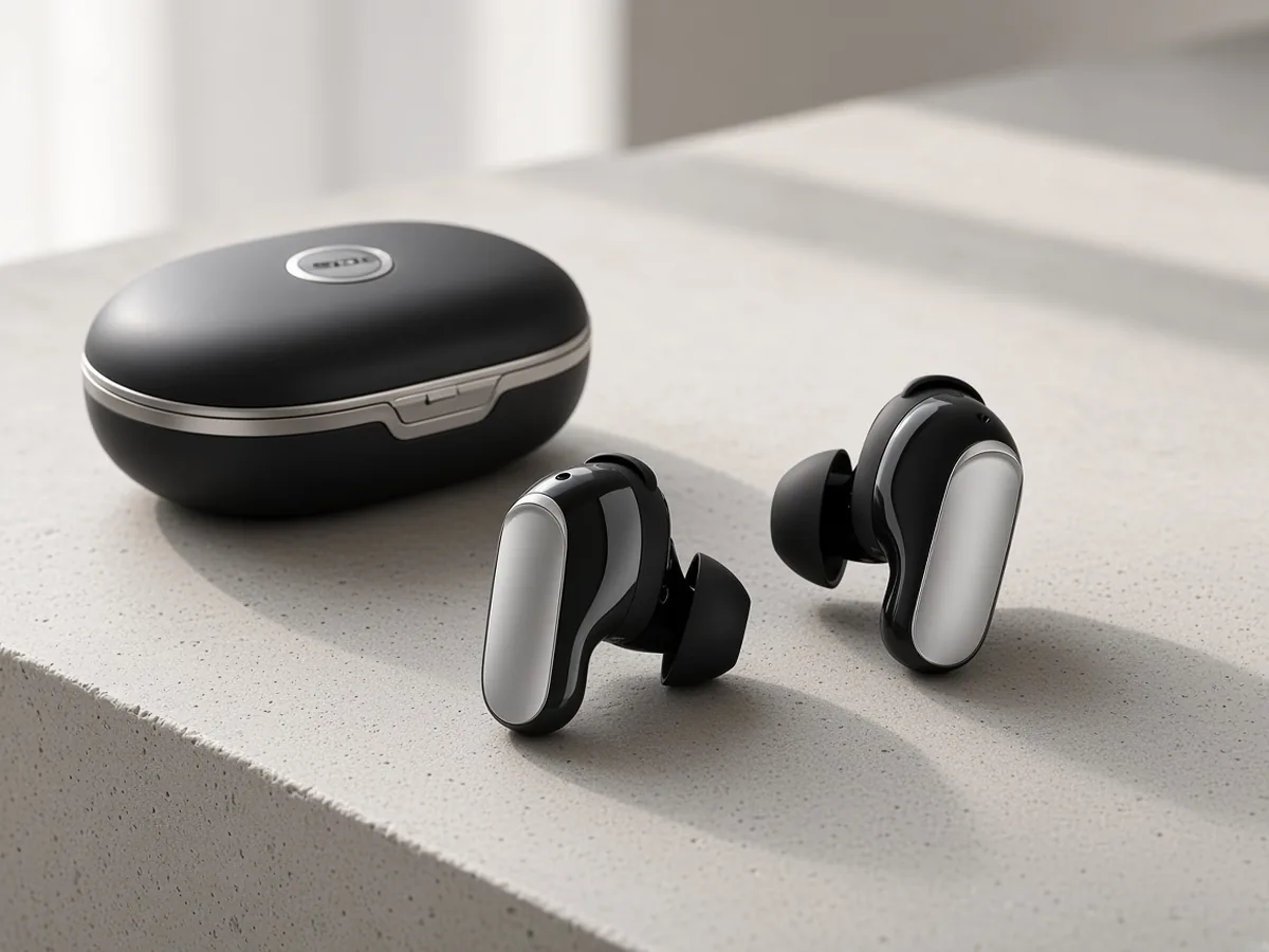 Bose QuietComfort Ultra style earbuds with stability wings on a concrete desk