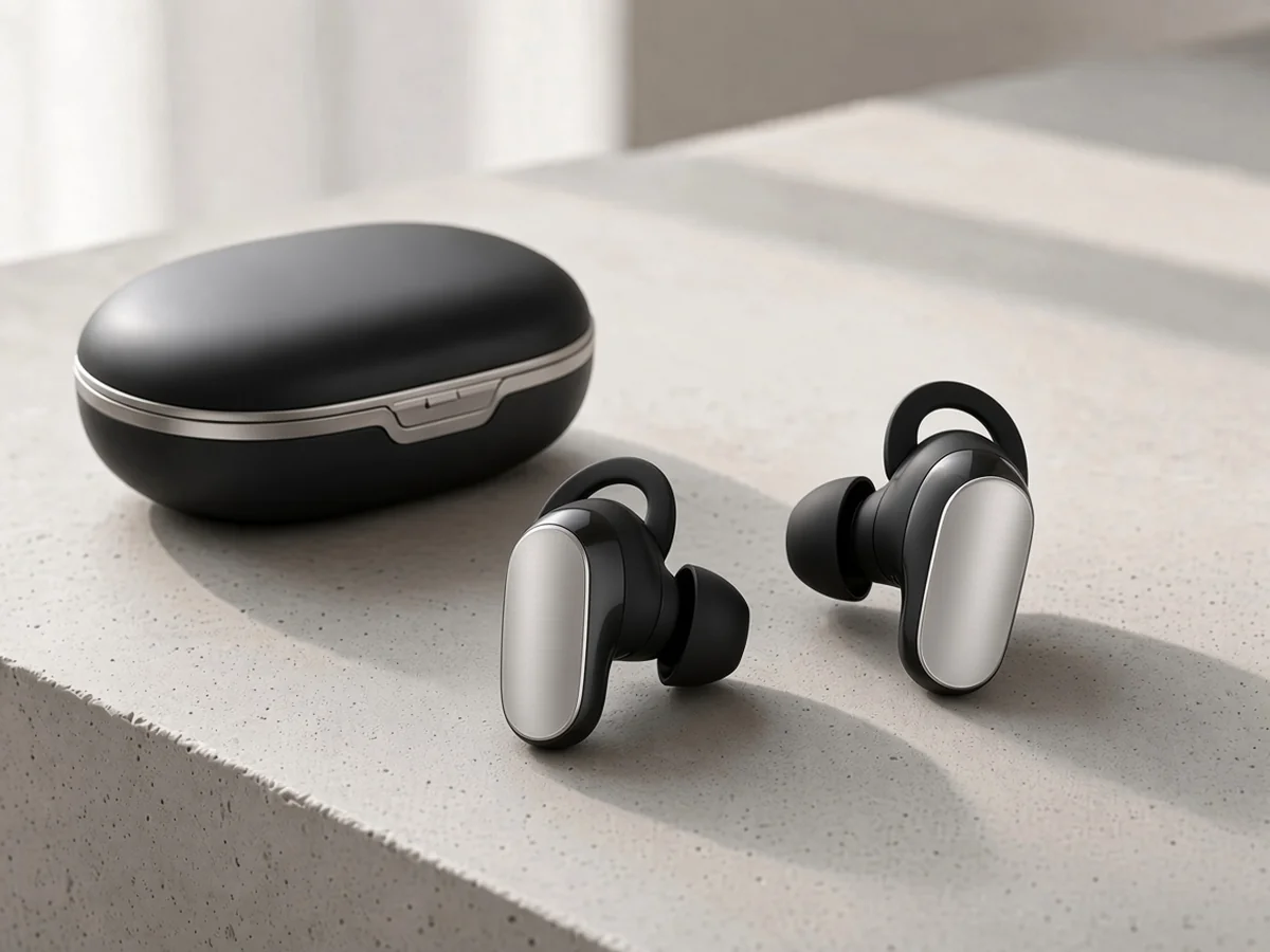 Bose QuietComfort Ultra style earbuds with wings on a concrete desk
