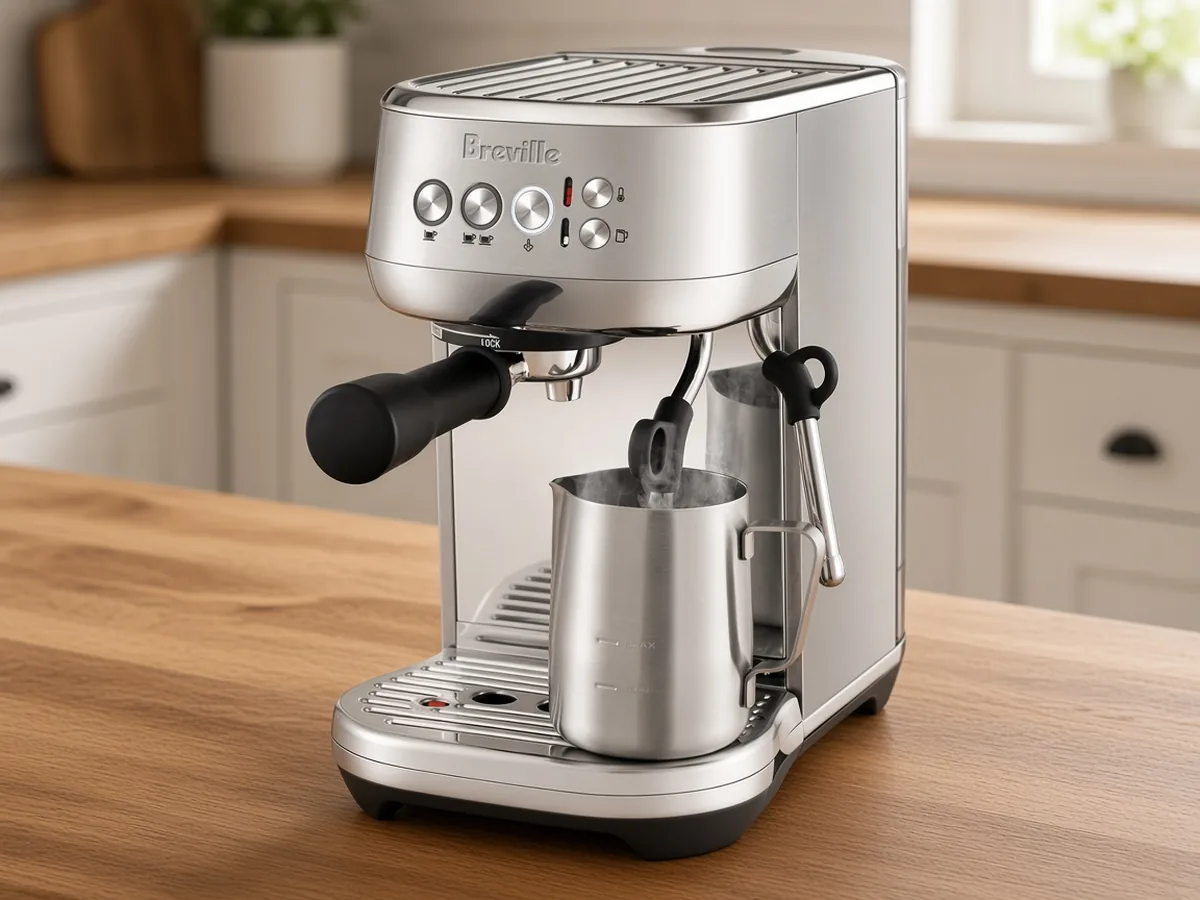 Breville Bambino Plus espresso machine with auto steam wand on a warm oak kitchen counter