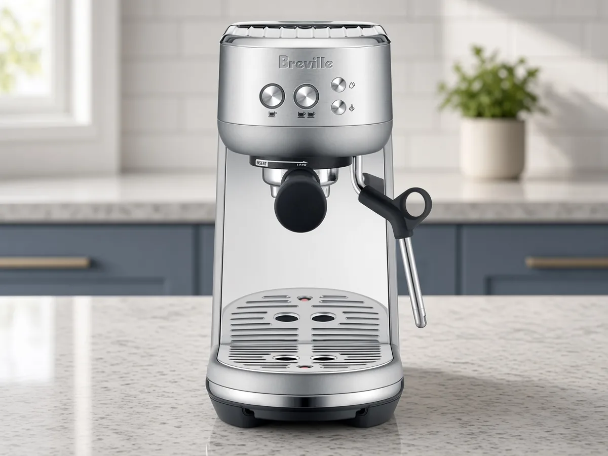 Breville Bambino espresso machine on a cool gray quartz kitchen counter