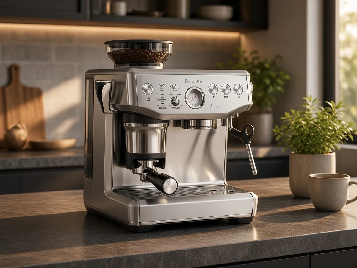Breville Barista Express Impress with bean hopper on a charcoal kitchen counter