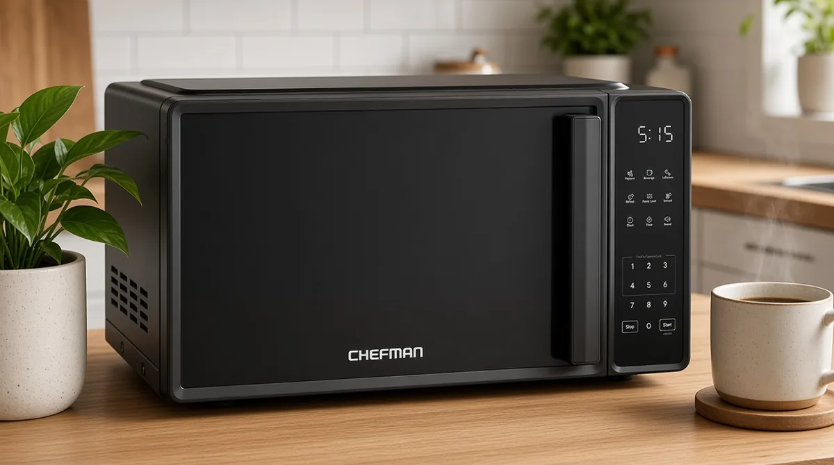 Black Chefman countertop microwave in a compact apartment kitchen