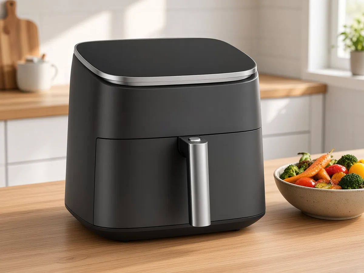 Cosori TurboBlaze single-basket air fryer on a light oak kitchen counter