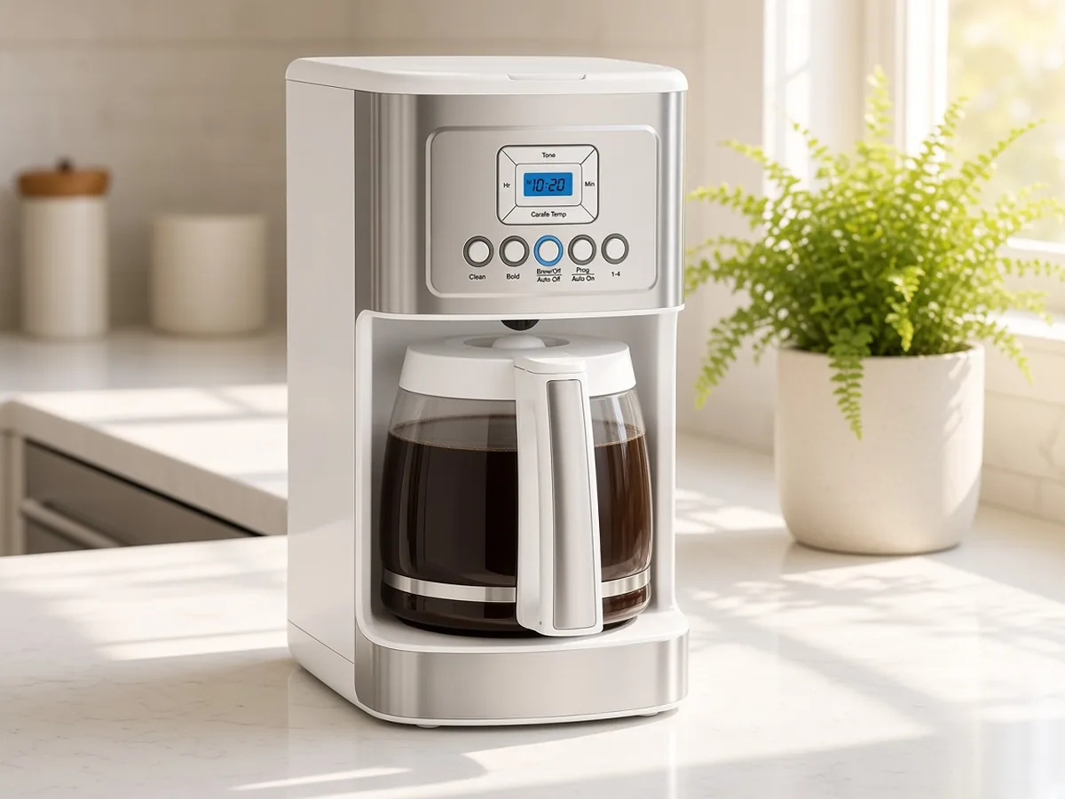 14-cup programmable coffee maker with glass carafe on a bright white kitchen counter