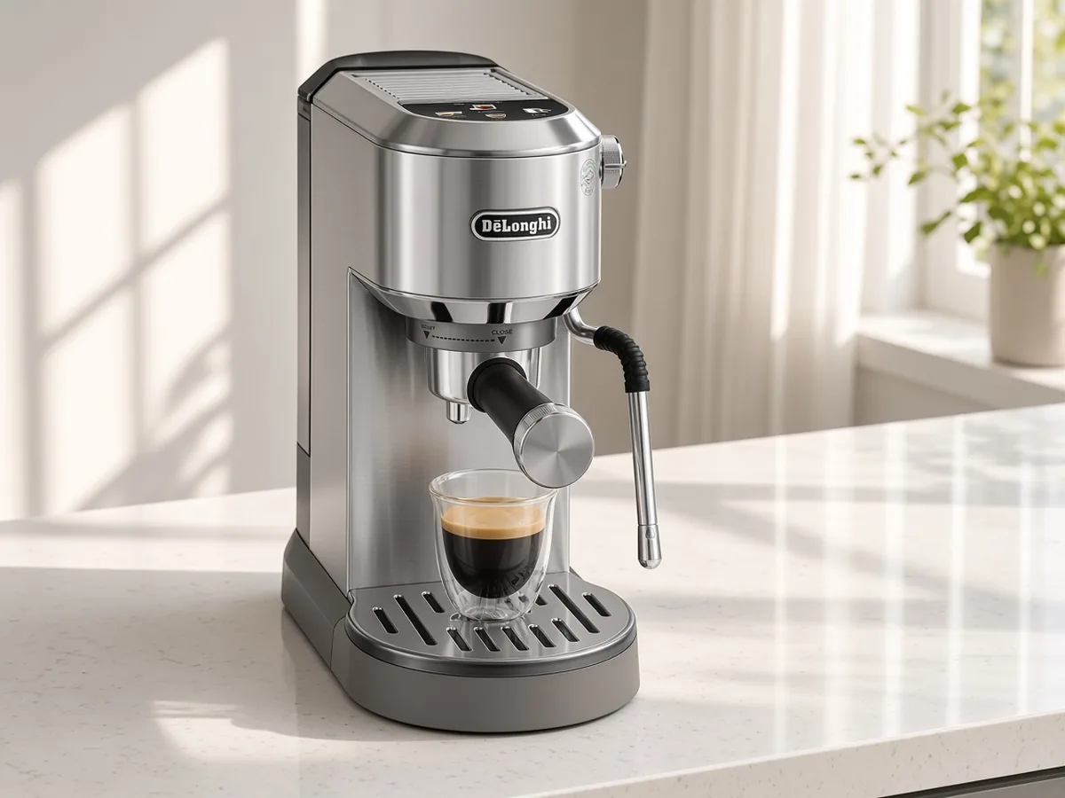 Slim DeLonghi Dedica espresso machine on a bright white kitchen counter