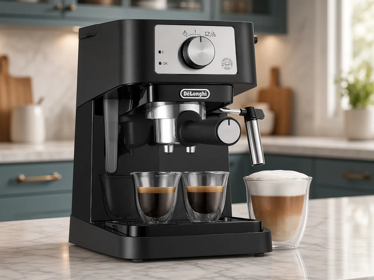 Black DeLonghi Stilosa espresso machine on a light marble counter