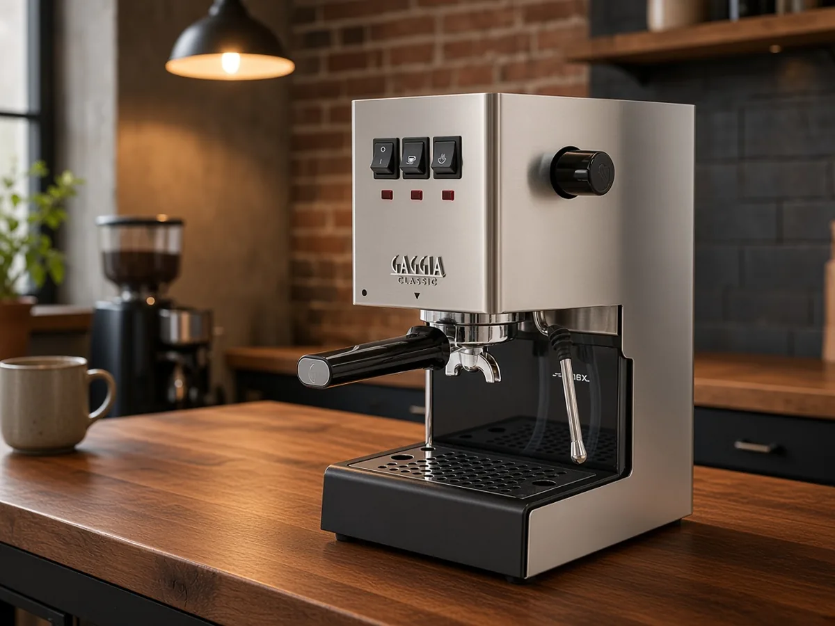 Gaggia Classic espresso machine on a dark walnut loft kitchen counter