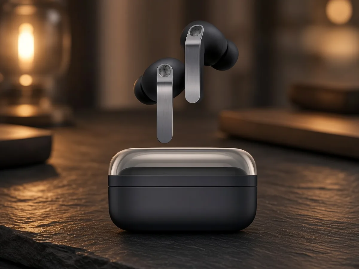 Samsung Galaxy Buds stem earbuds with translucent case on a slate desk