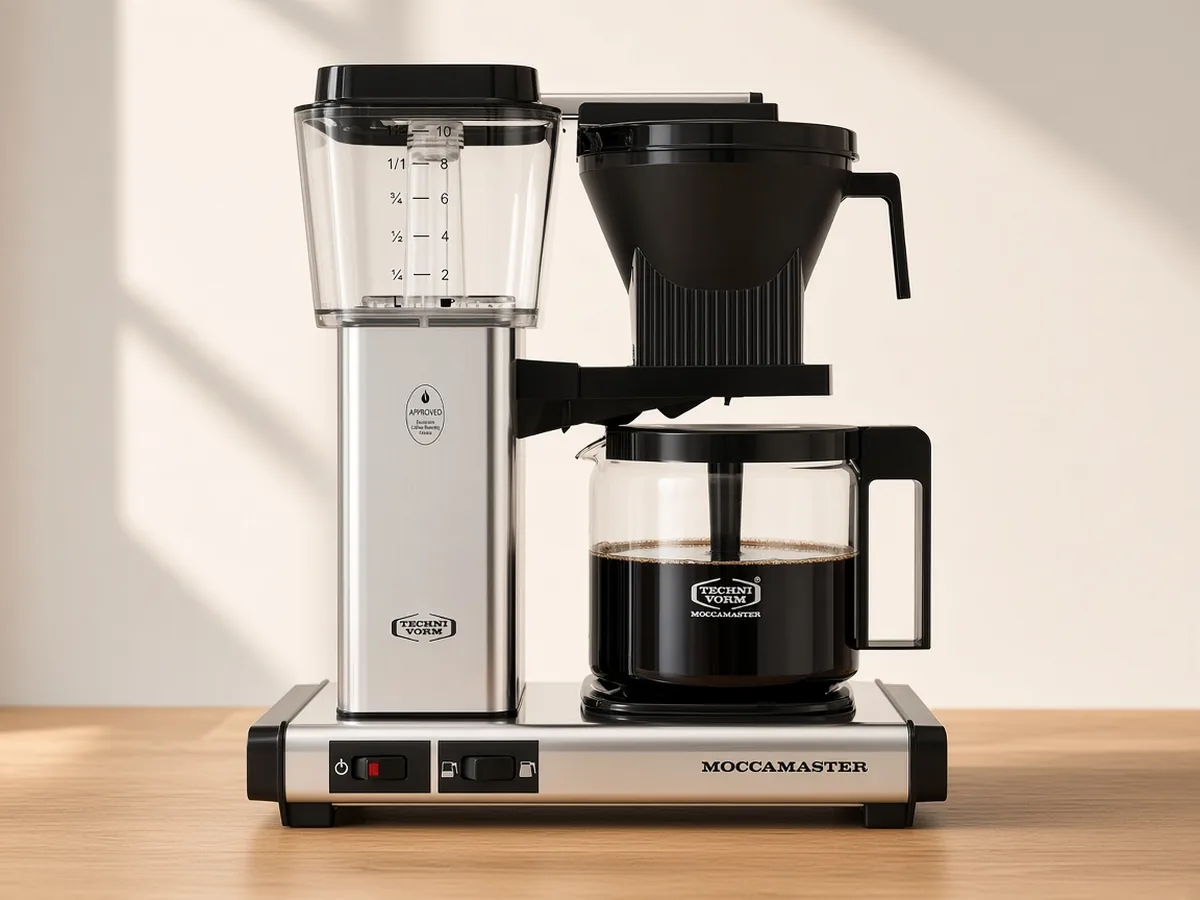 Technivorm Moccamaster KBGV Select glass-carafe drip coffee maker on a light wood counter