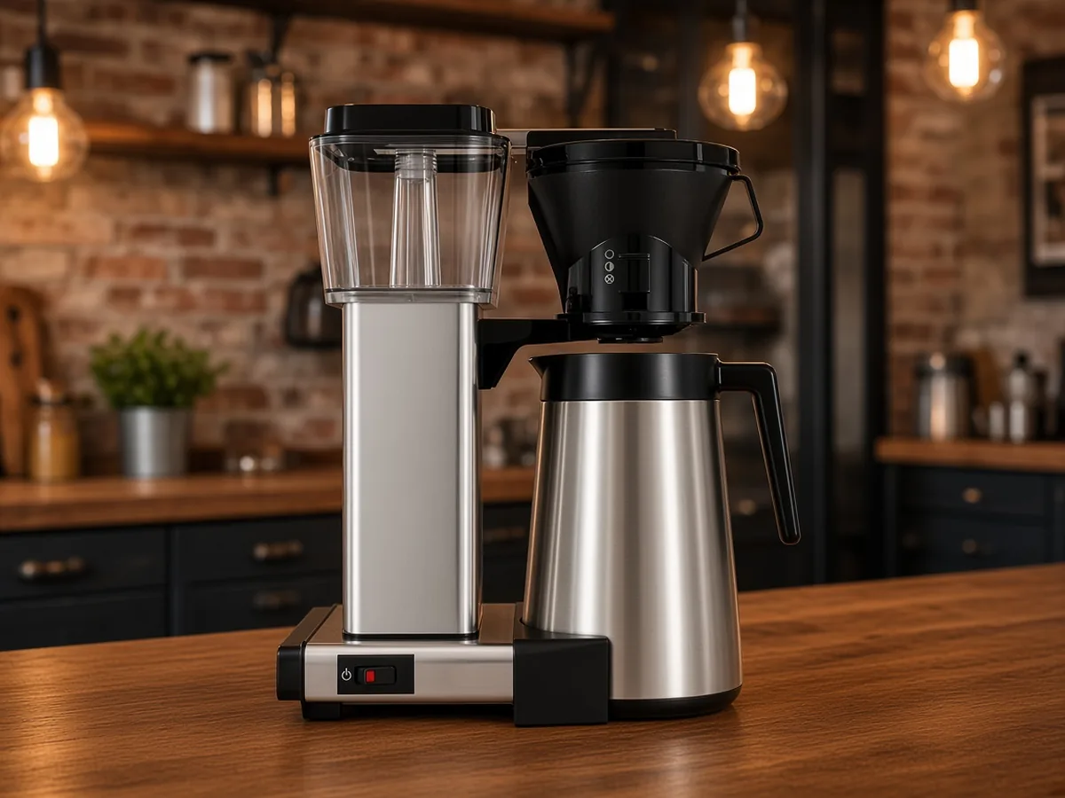 Premium thermal-carafe drip coffee maker on a dark walnut loft kitchen counter