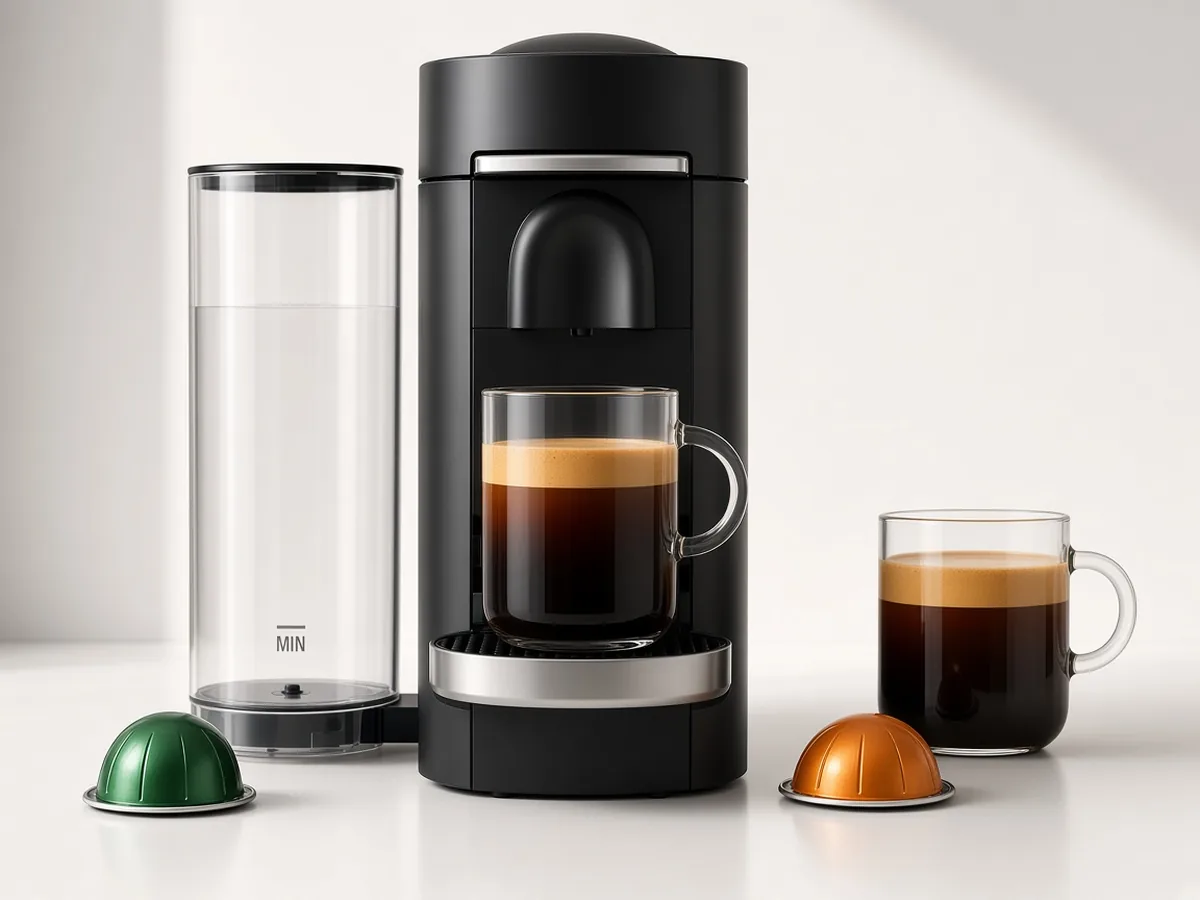 Matte black capsule coffee machine with crema-topped mug on a minimal white counter