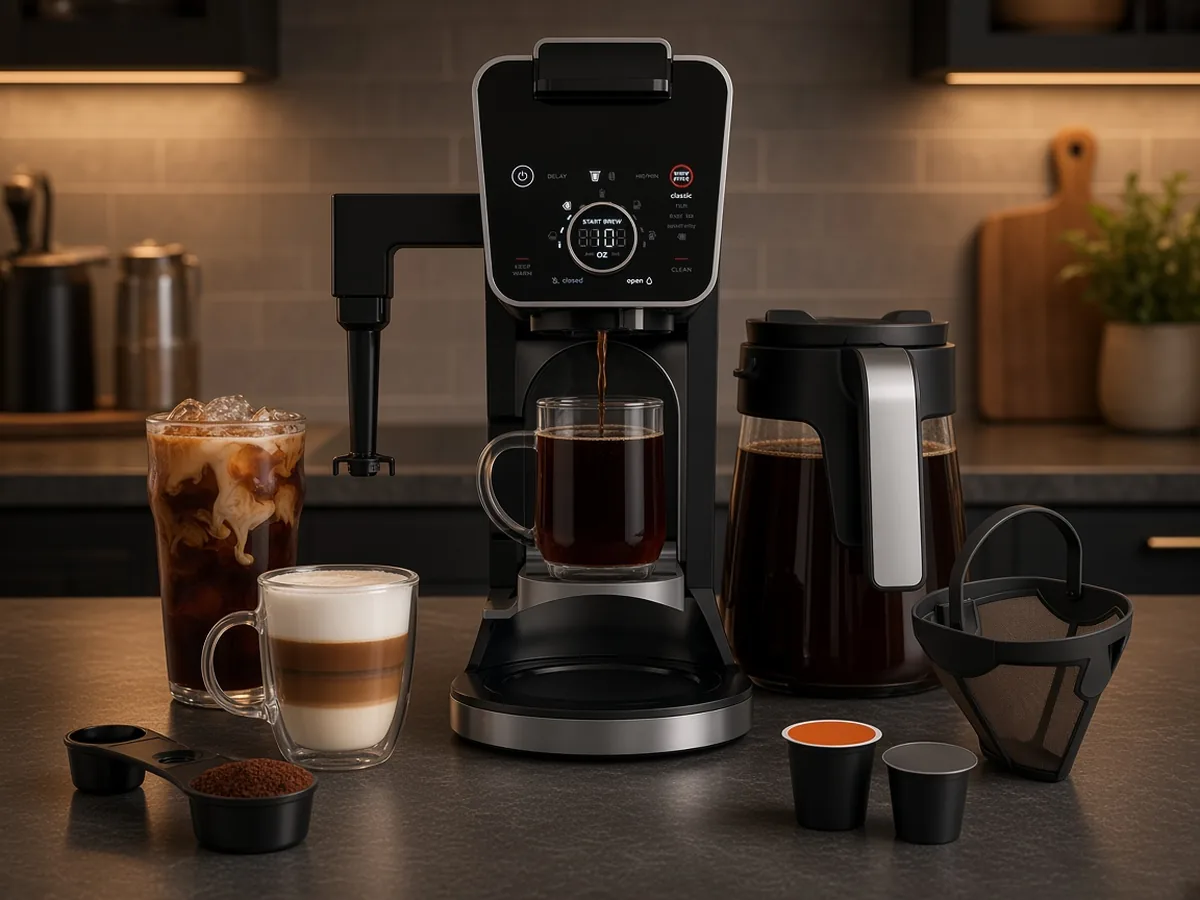 Slim black dual brew coffee system with carafe and iced drinks on a charcoal counter
