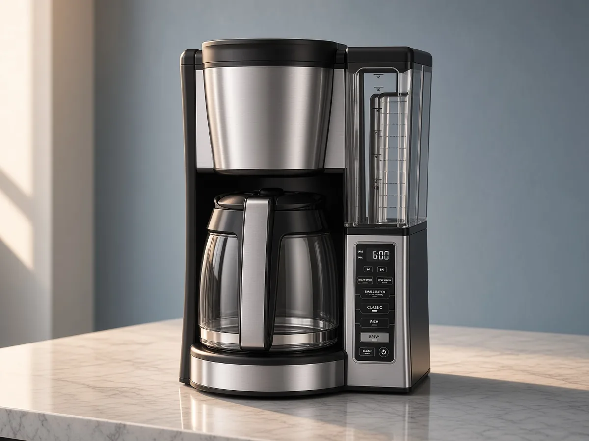 12-cup programmable drip coffee maker with glass carafe on a cool gray counter