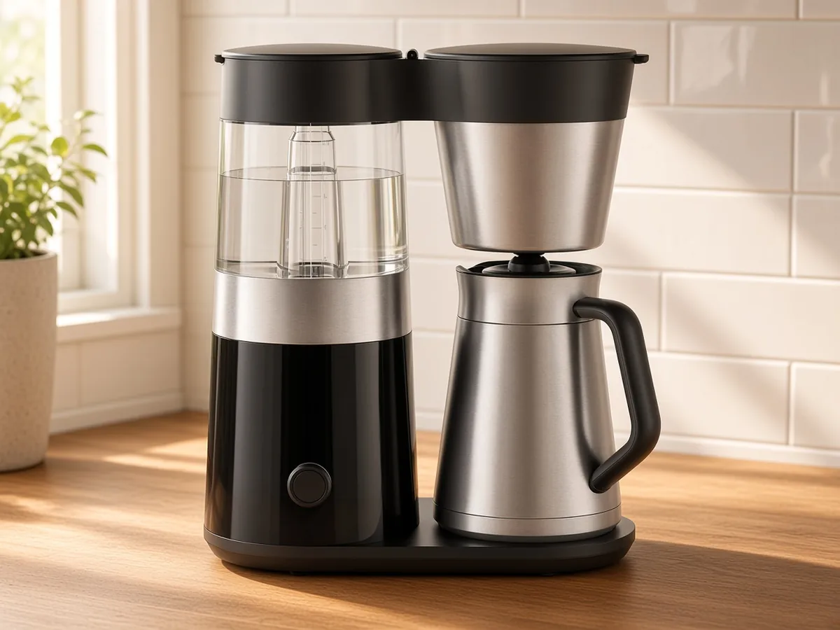 9-cup drip coffee maker with thermal carafe on a warm oak kitchen counter