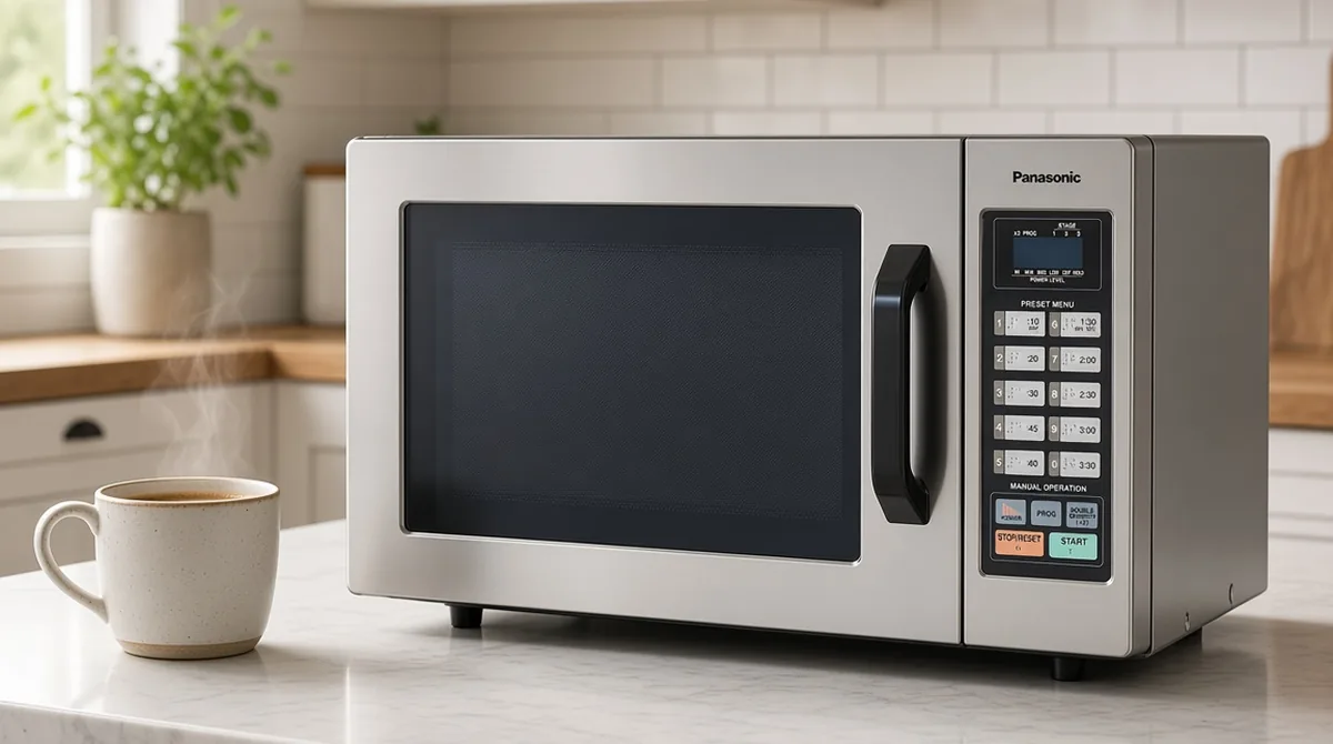 Panasonic compact commercial microwave in a calm home kitchen