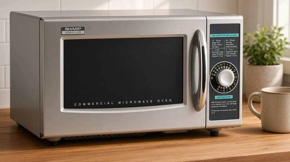 Sharp dial commercial microwave on a cozy kitchen counter
