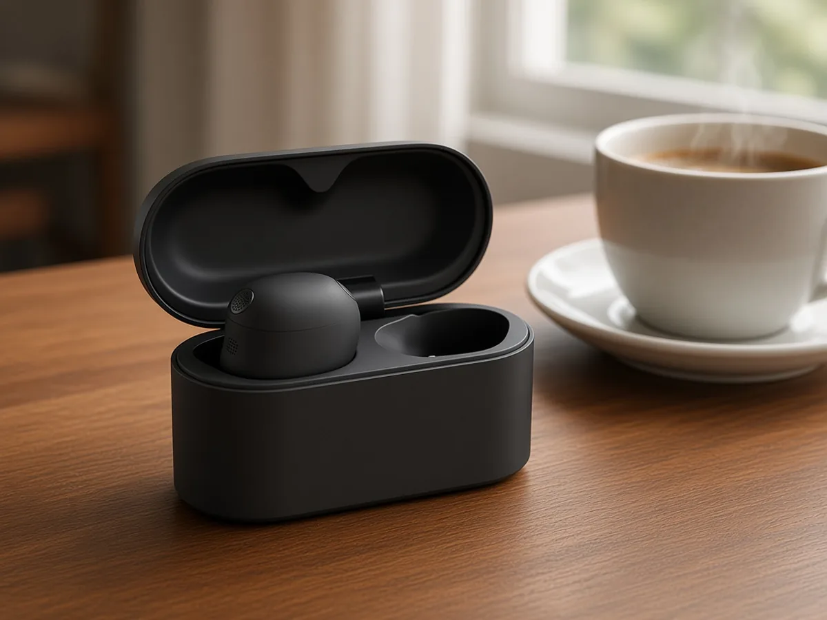 Sony WF-1000XM6 style wireless earbuds and case on a walnut desk
