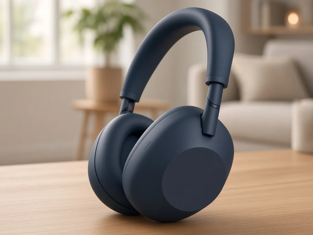 Sony WH-1000XM6 style over-ear headphones on a light oak desk