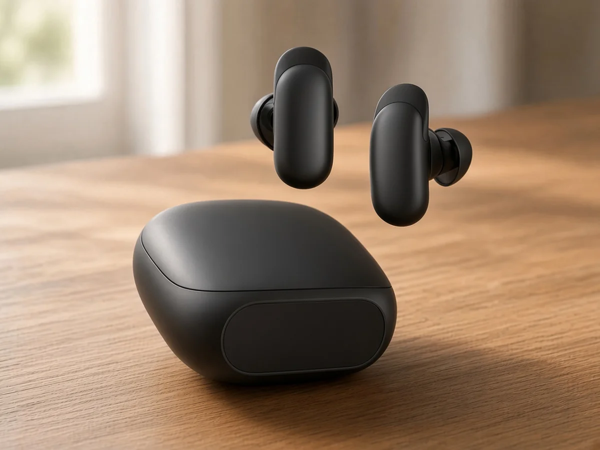 Soundcore Liberty 5 Pro style earbuds with smart case on a walnut desk