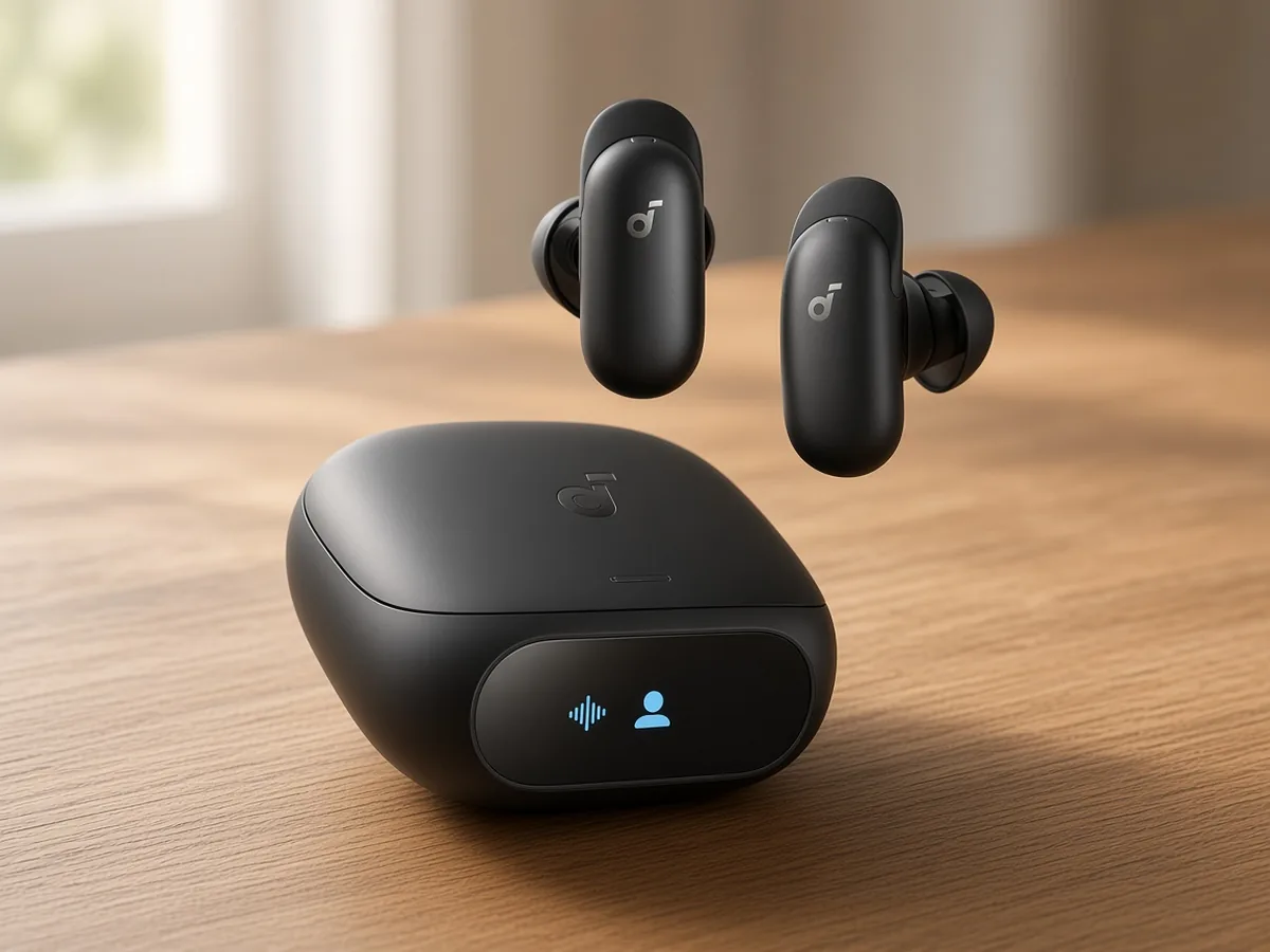 Soundcore Liberty 5 Pro earbuds and smart display charging case on an oak desk